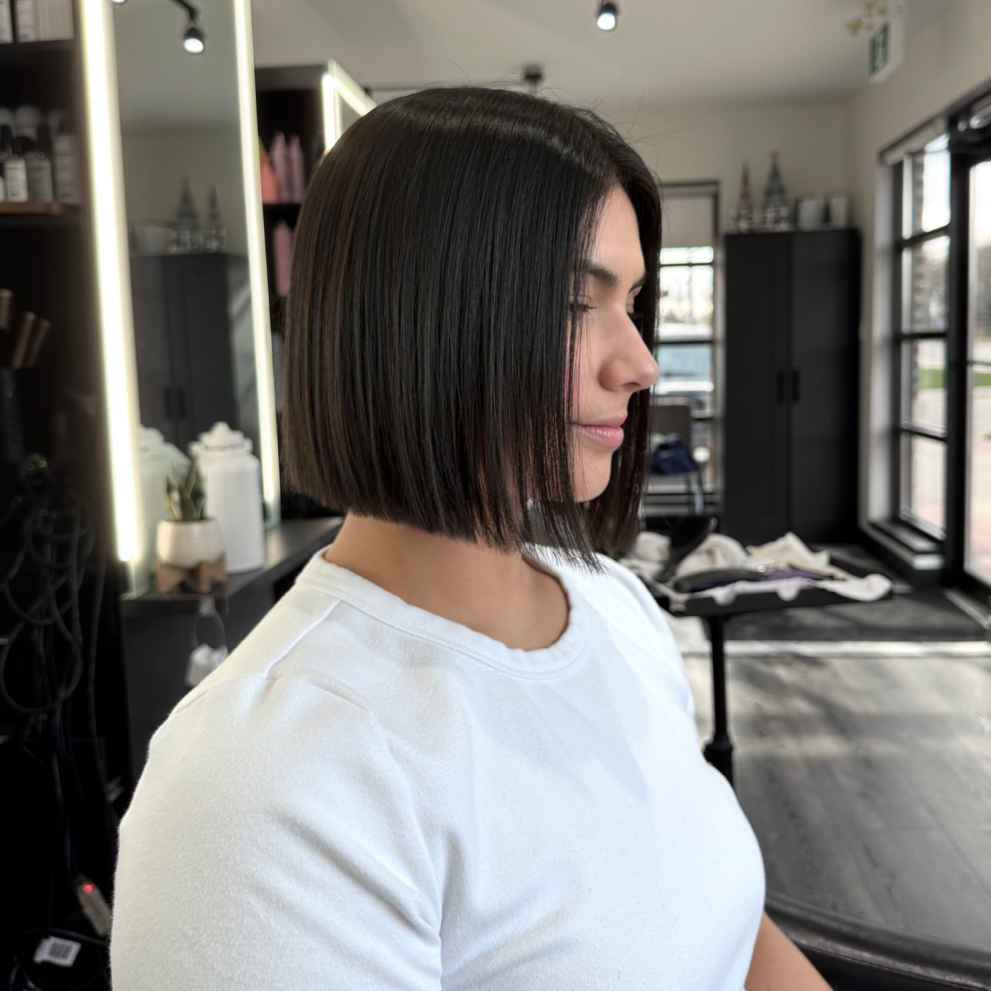 Sleek natural brunette bob